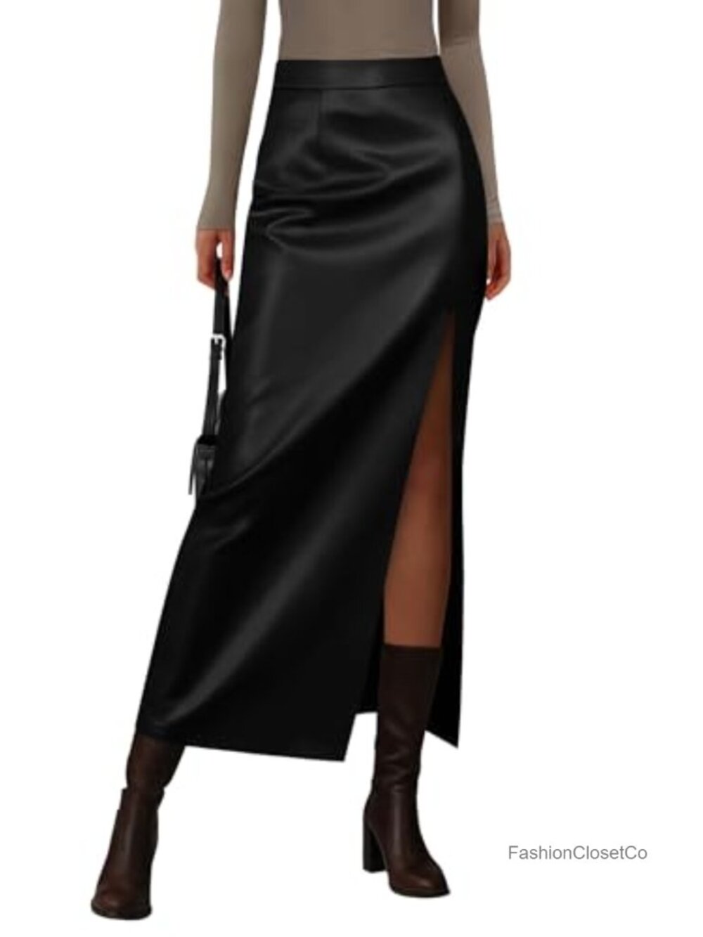 Faux Leather High Waist Pencil Skirt with Side Slit Side Zipper Maxi